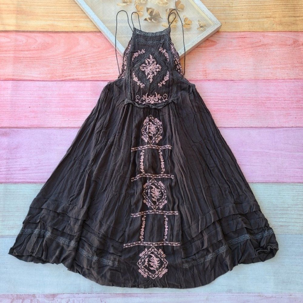 Free People Diamond In The Sky Floral Embroidered Strappy Boho Midi Dress XS‎ - Picture 4 of 10